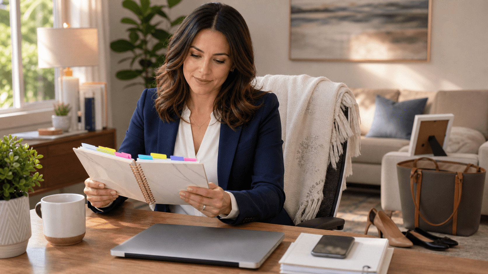 Warm-toned illustration of a woman with a baby beside a laptop, with soft sunlight and simple pastel background.