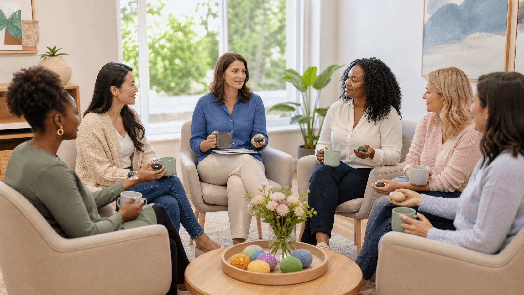 Soft pastel illustration of three moms in a circle, smiling with notebooks and coffee, warm sunlight backdrop.