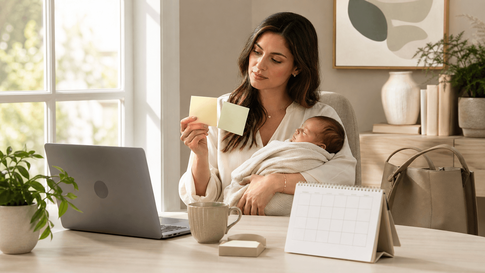 Soft-lit illustration of a mother holding a baby beside a laptop, with a split-path arrow sign in muted pastels.