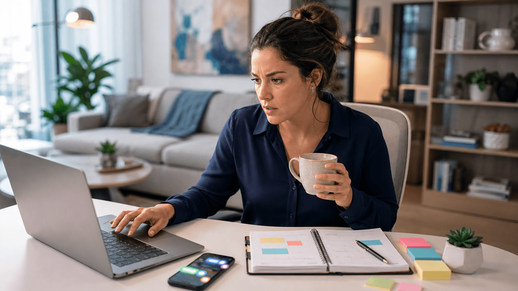 Person hunched over a laptop amid scattered papers, dark blue lighting, blurred clock looming in the background.